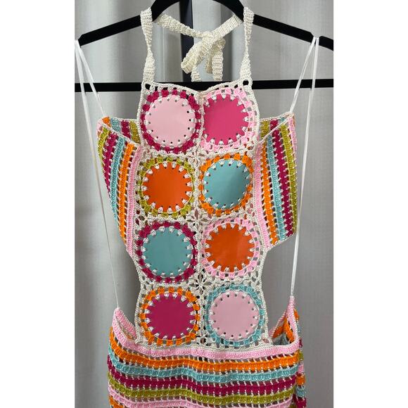 My Beachy Side Petit Fours Hand-Crochet Mini Dress Faux Leather Motif Sz Med NWT - Picture 3 of 10